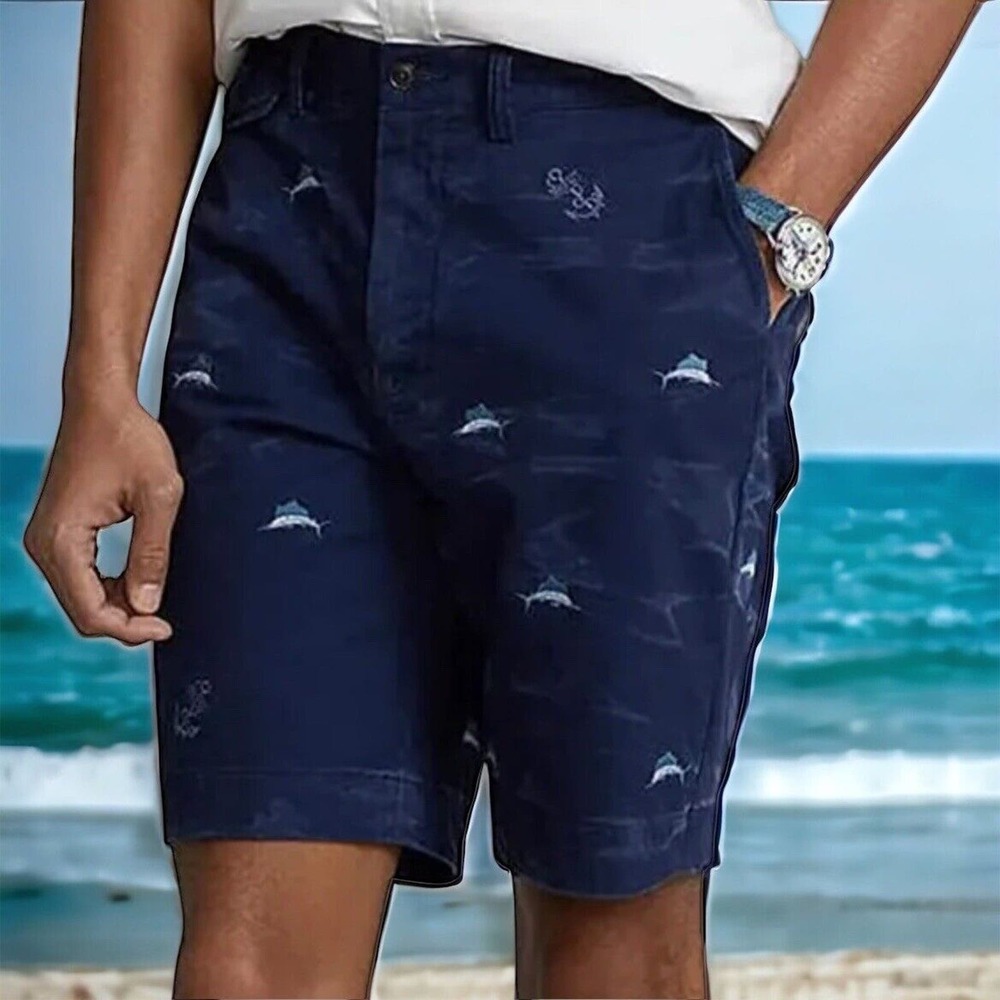 Polo Ralph Lauren RRL Newport Navy Chino Marlin Anchor Summer Shorts Mens 36 NEW